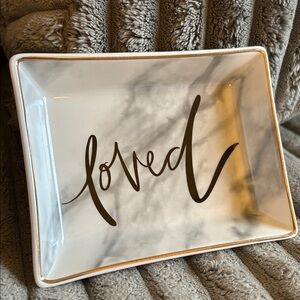 White Ceramic Trinket Dish Marble Pattern Gold Rim “loved” in Cursive Script